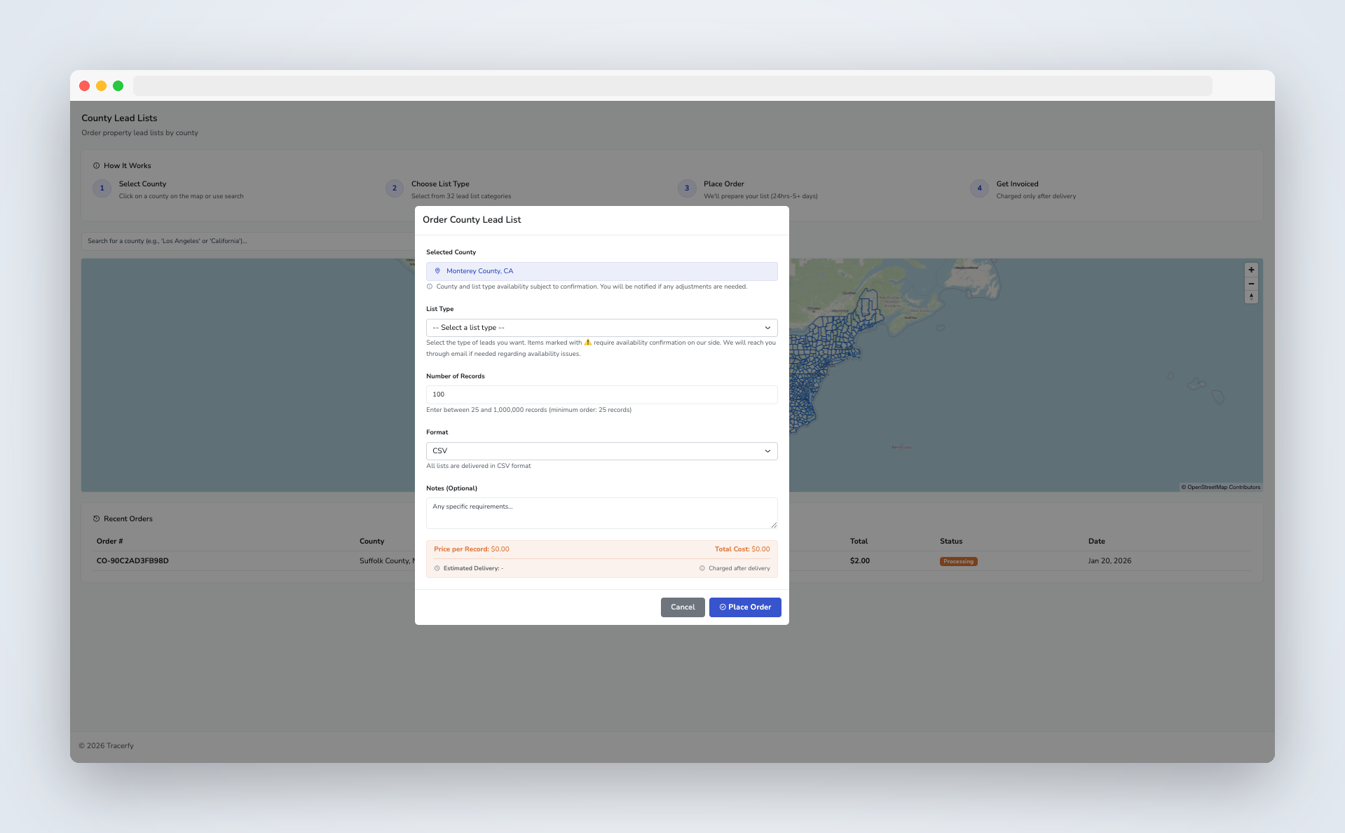 County Data Order Form - Simple ordering interface with transparent pricing
