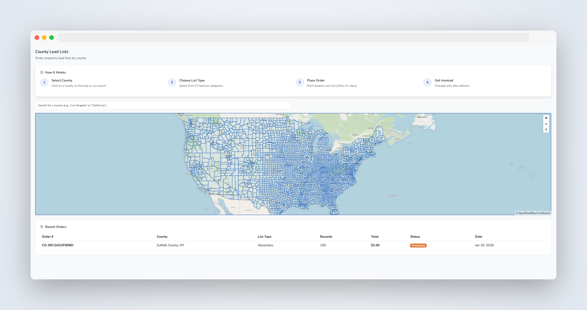 County Data Interactive Map - Select your county and view the ordering interface