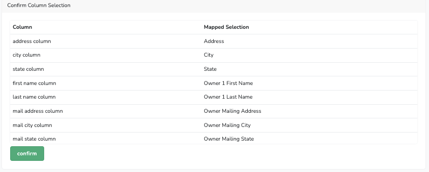 Step 3: Confirm column selection before submitting - Tracerfy confirmation screen